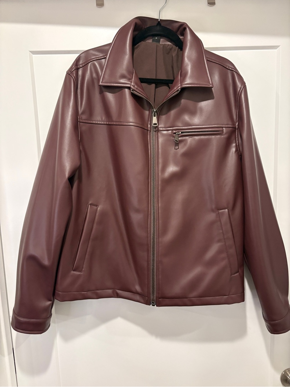 SHEIN Men's Faux Leather Zip Jacket - Burgundy